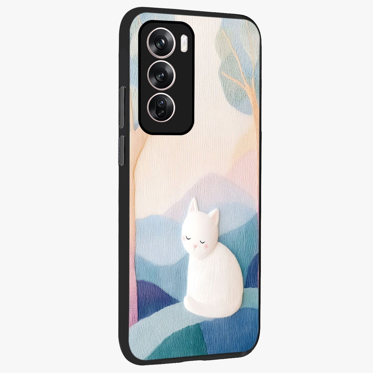 Cotton Dream Cat Glass Case upright view showcasing charming cat artwork with cozy dreamy theme.