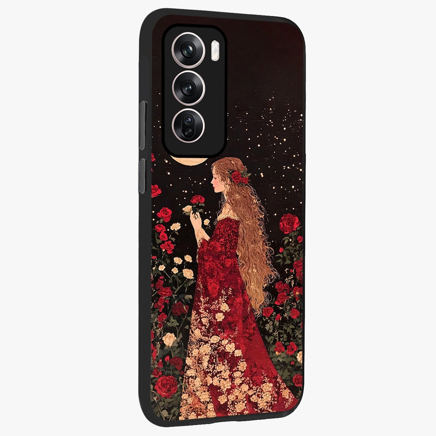 Crimson Dreams Glass Case upright view showcasing dreamy red toned artwork with modern aesthetic style.