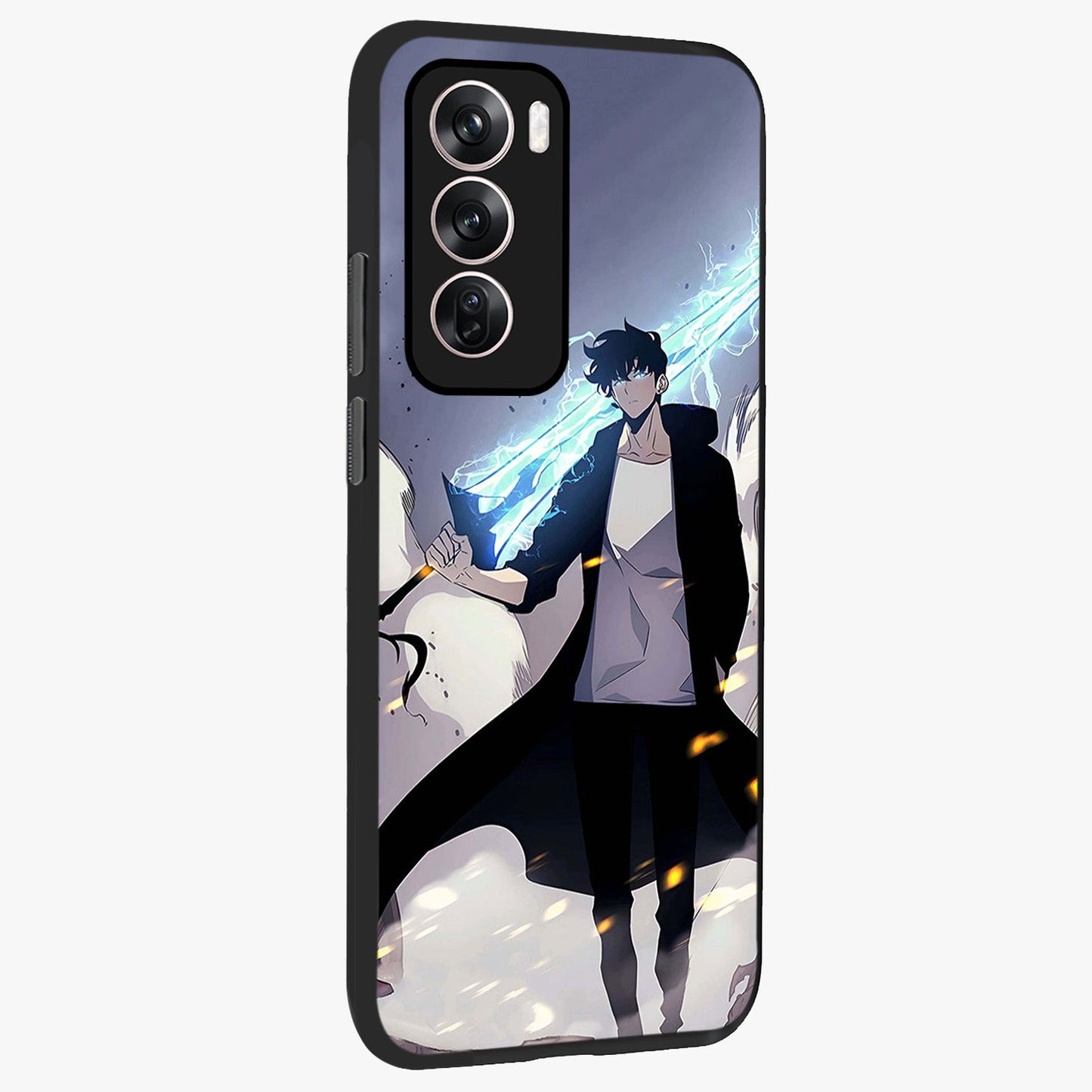 Dark Lightning Anime Warrior Glass Case upright view showcasing dramatic warrior artwork with dark lightning aesthetic.