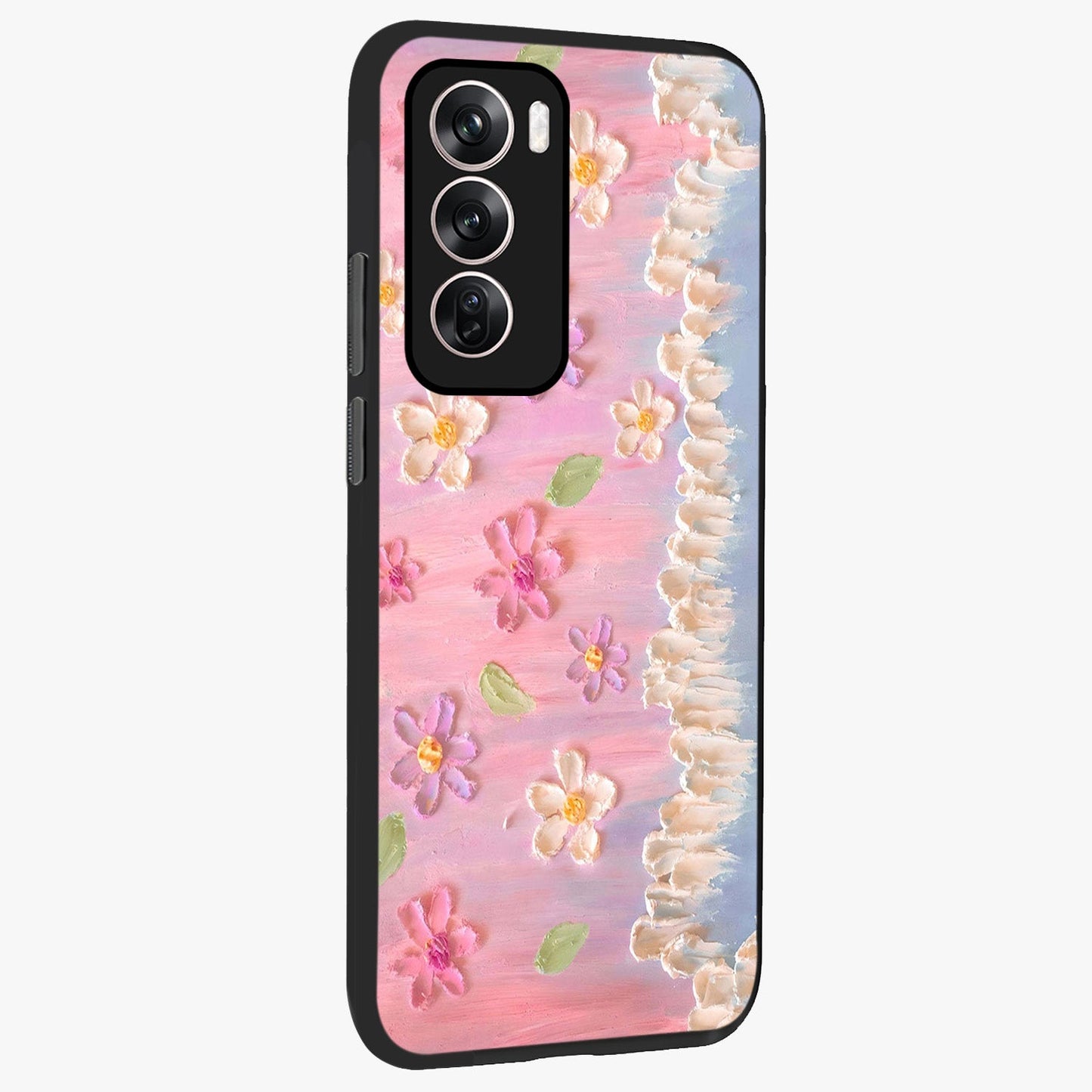 Dreamy Painted Garden Glass Case upright view showcasing vibrant floral garden artwork with artistic nature theme.