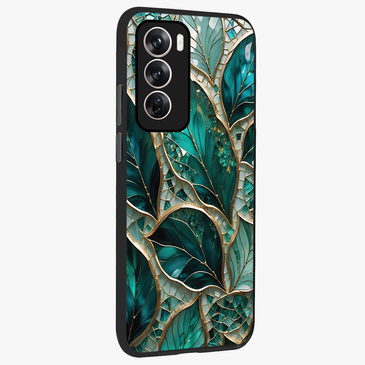 Emerald Leaf Glass Glass Case upright view showcasing fresh green leaf artwork with calming nature inspired style.