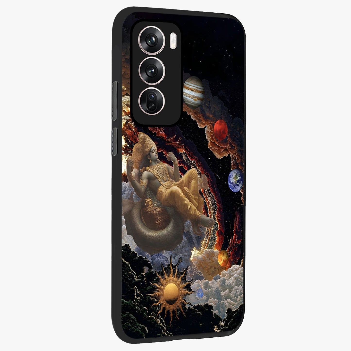 Galactic Divine God Glass Case upright view showcasing mystical divine artwork with dramatic cosmic theme.