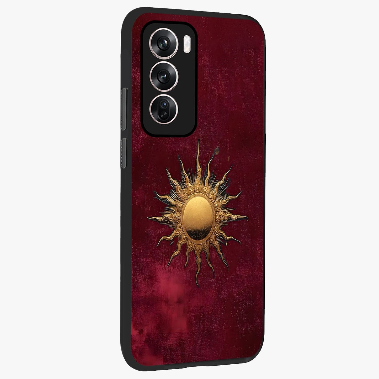 Golden Sun Minimalism Glass Case upright view showcasing simple golden sun artwork with elegant minimalist style.