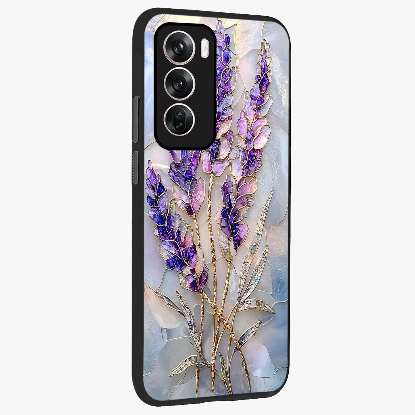 Lavender Dream Glow Glass Case upright view showcasing radiant lavender glow artwork with calming dreamy theme.
