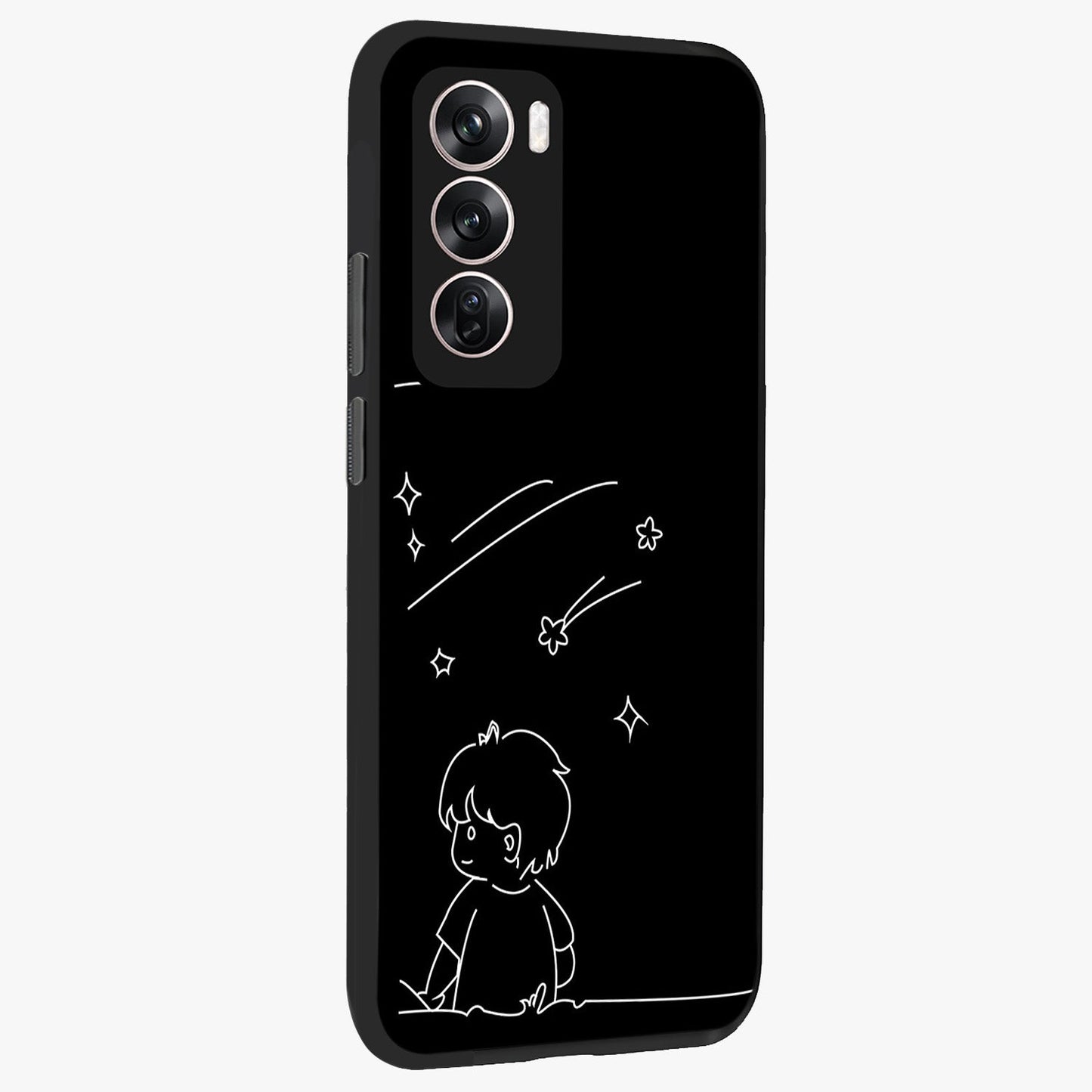 Line Art Boy With Shooting Stars Glass Case upright view showcasing artistic shooting star illustration with minimal style.