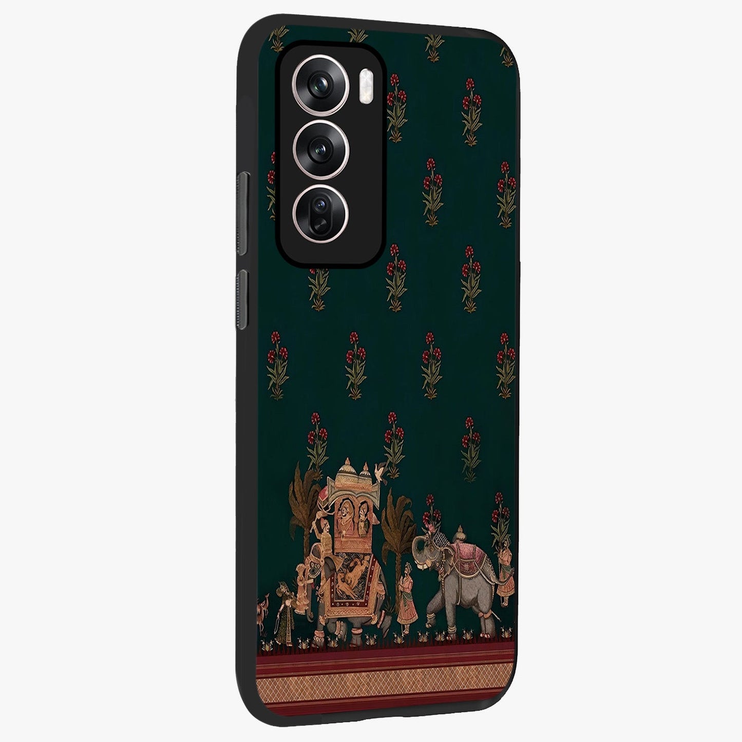 Macmerise Glass Case upright view showcasing bold artistic artwork with contemporary design theme.