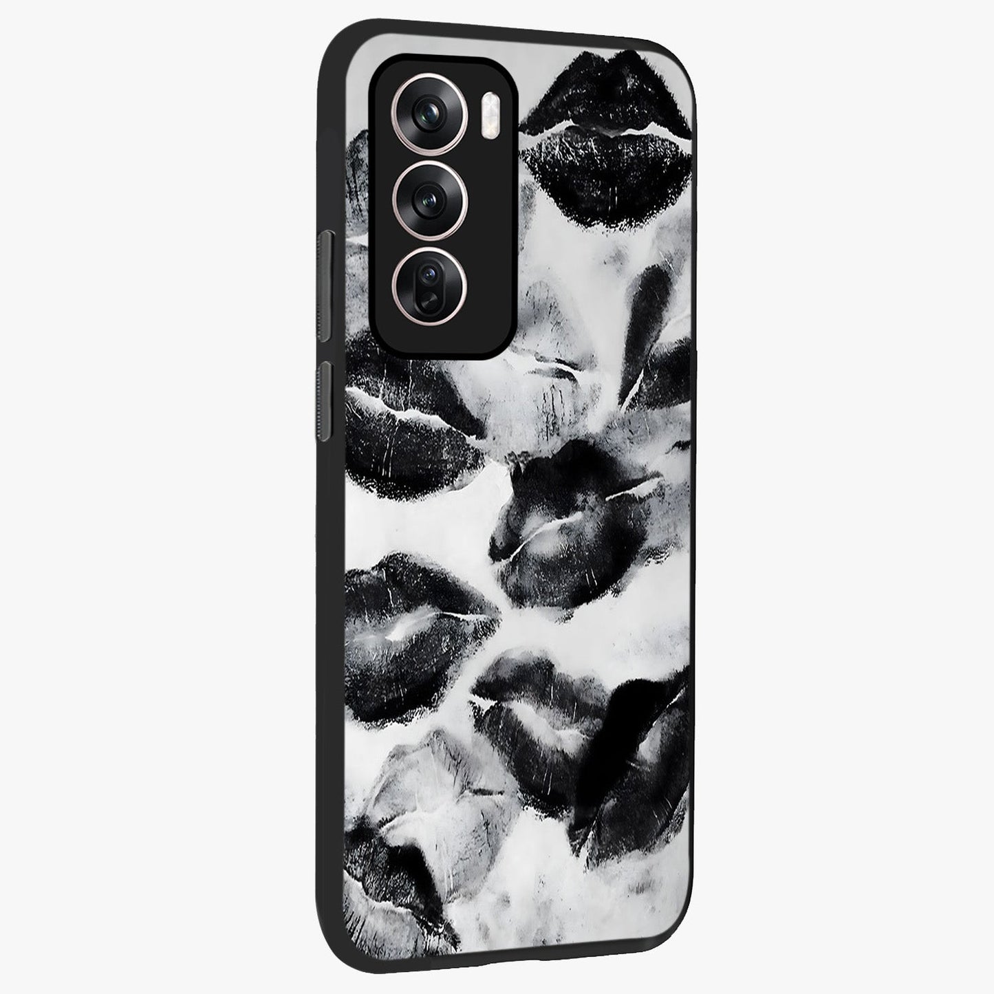 Midnight Kiss Marks Glass Case upright view showcasing stylish kiss mark artwork with trendy romantic theme.