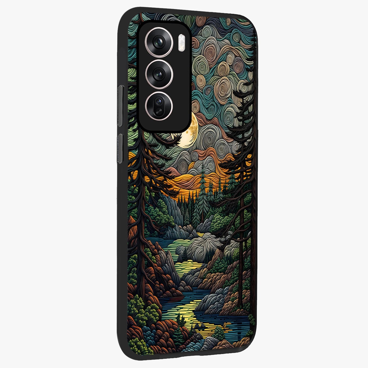 Moonlight Forest Dream Glass Case upright view showcasing magical forest artwork with calm night theme.