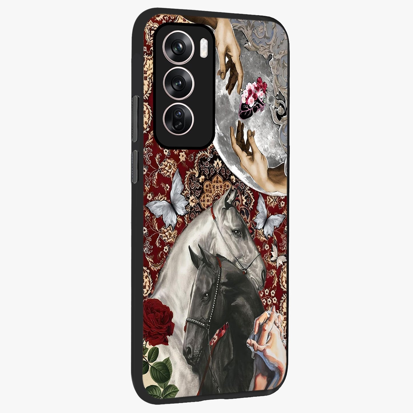 Moonlit Royal Stallion Glass Case upright view showcasing dramatic horse artwork with glowing moon themed design.