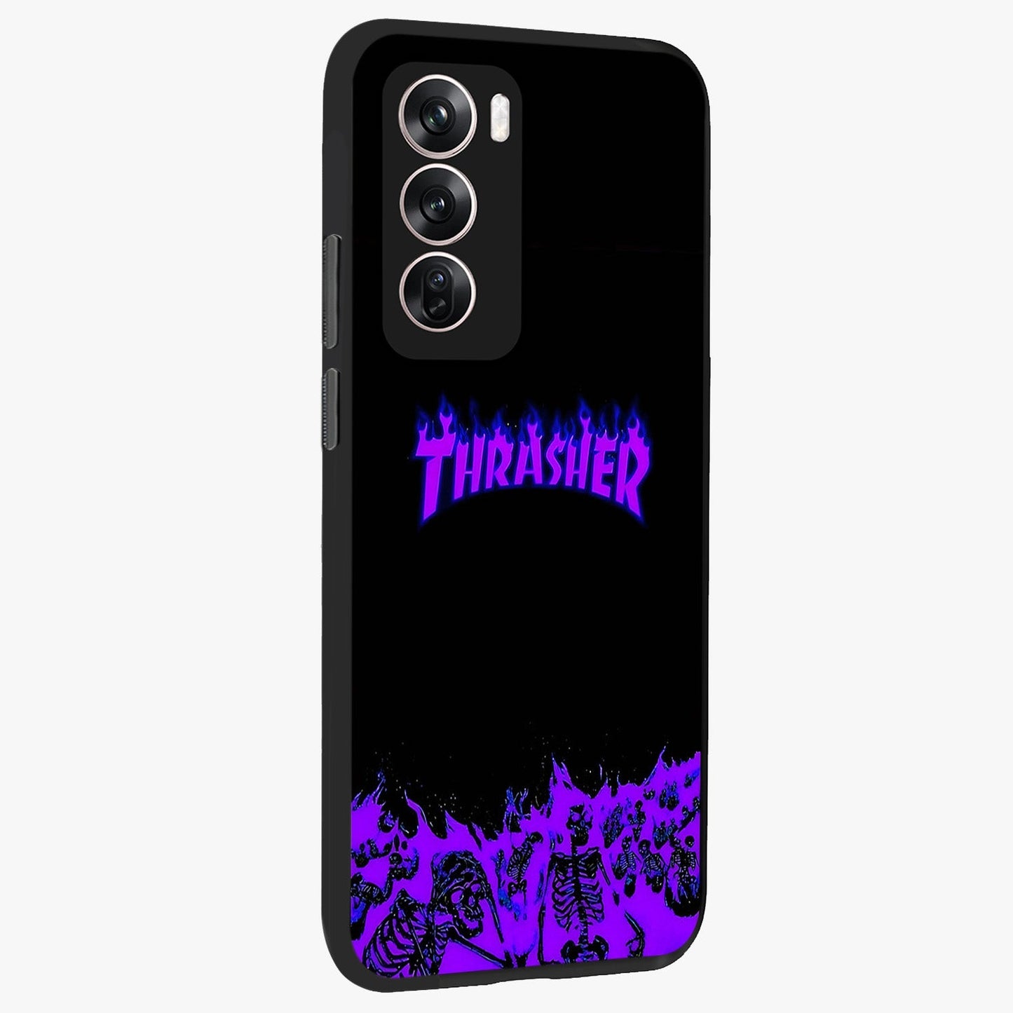 Neon Flame Riot Glass Case upright view showcasing dynamic flame artwork with energetic neon theme.