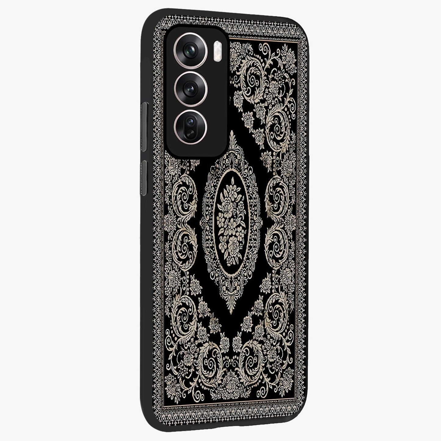 Noir Bloom Elegance Glass Case upright view showcasing graceful floral artwork with luxurious dark theme.