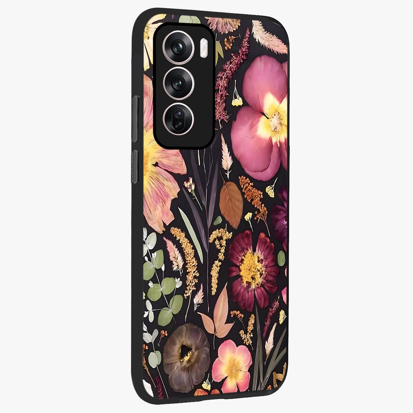 Petal Dream Tapestry Glass Case upright view showcasing detailed floral tapestry artwork with artistic nature theme.