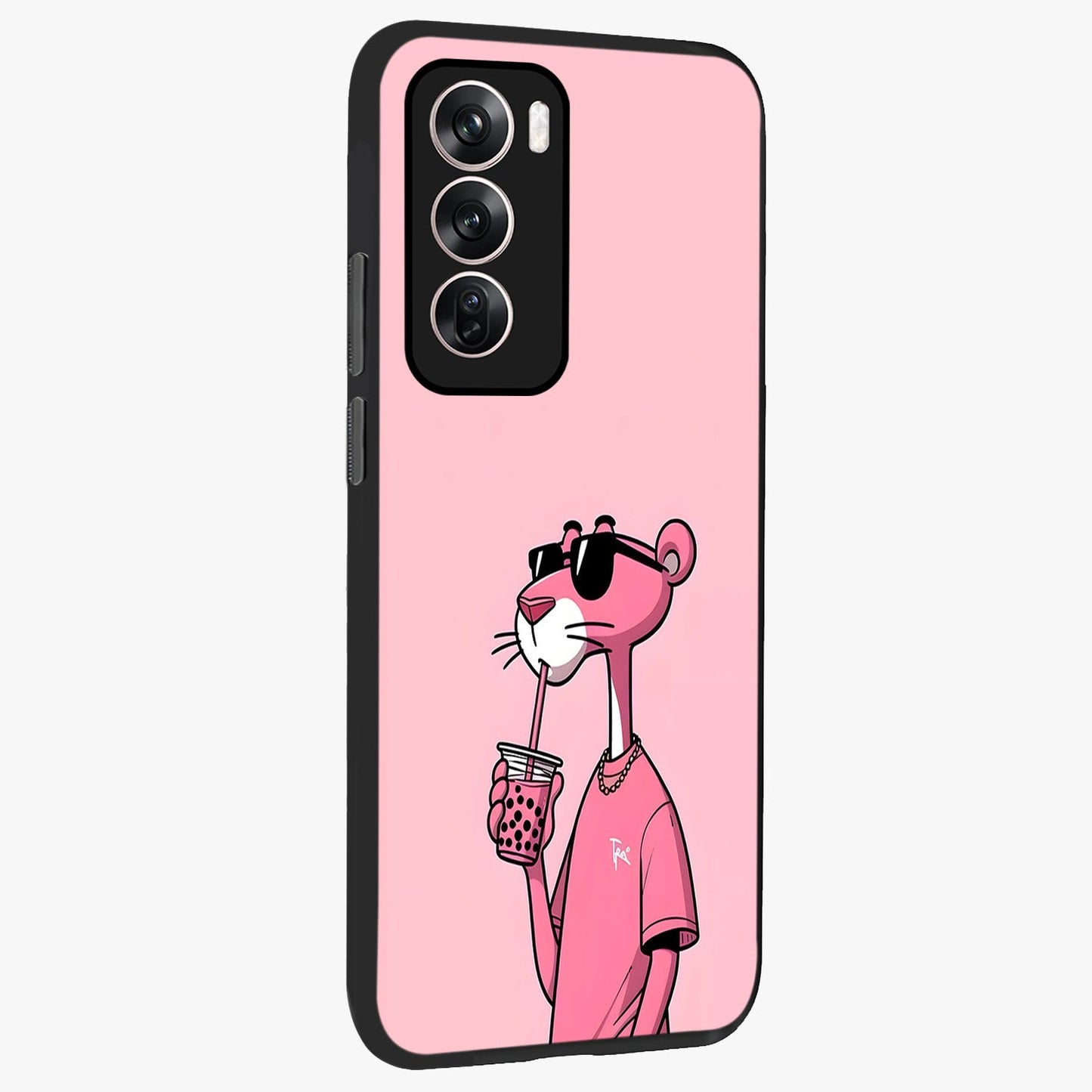 Pink Panther Glass Case upright view showcasing fun animated artwork with stylish retro cartoon theme.