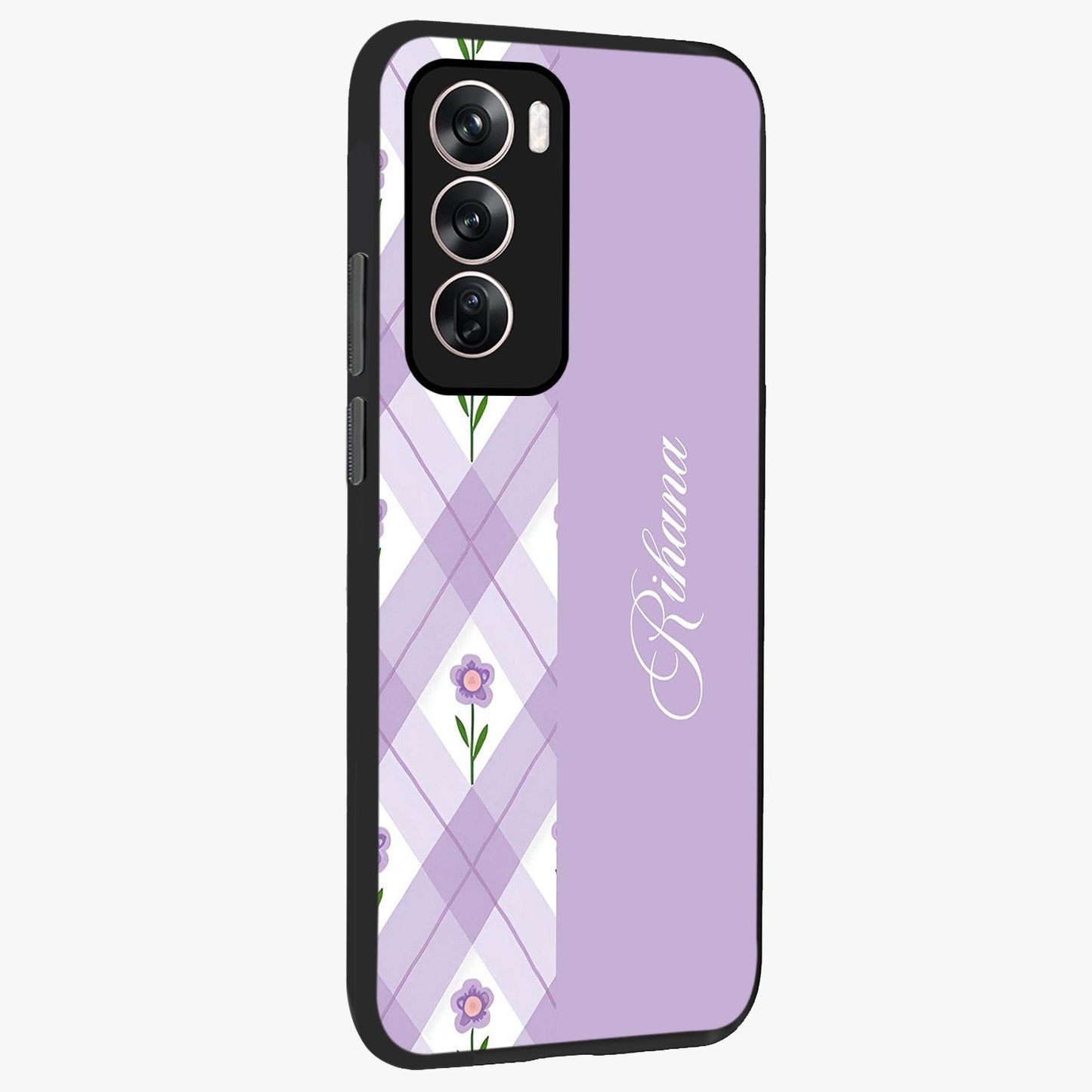 Purple Diamond Floral Glass Case upright view showcasing vibrant floral artwork with stylish geometric theme.