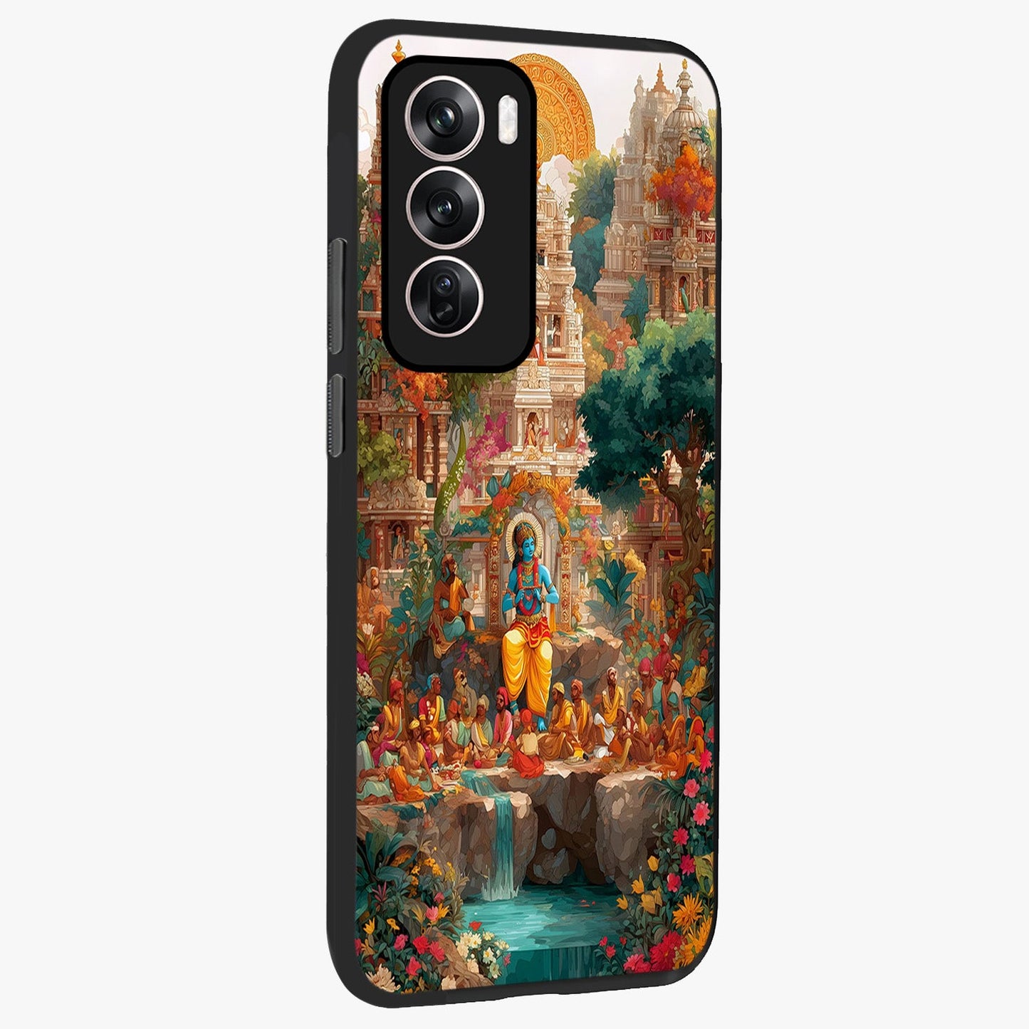 Sacred Sunlight Gods Glass Case upright view showcasing glowing divine artwork with sacred mythological theme.
