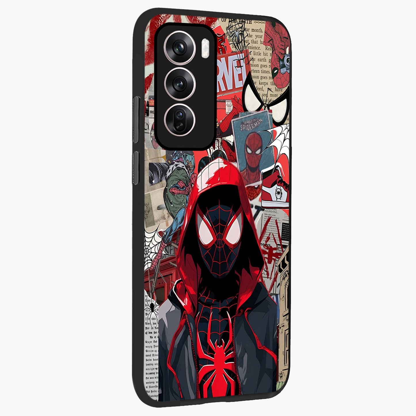 Spider Collage Street Glass Case upright view showcasing bold superhero artwork with urban street theme.