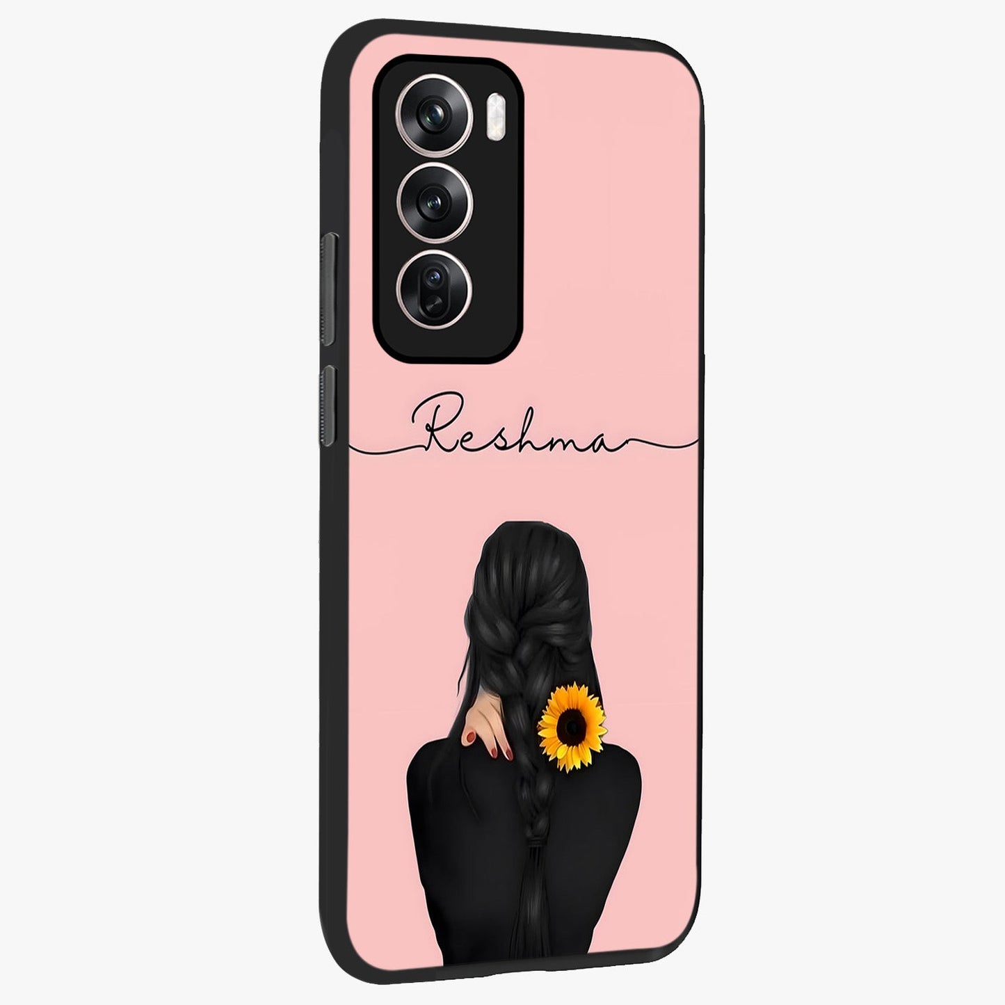Sunflower Braid Beauty With Custom Name Glass Case upright view showcasing bright sunflower artwork with personalized floral aesthetic.