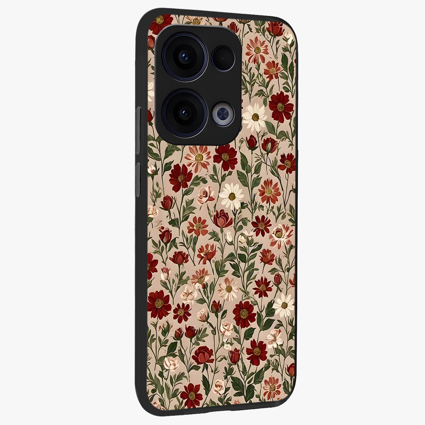 Biege Flower With Leaf Glass Case upright view showcasing delicate beige flower illustration with clean botanical style.