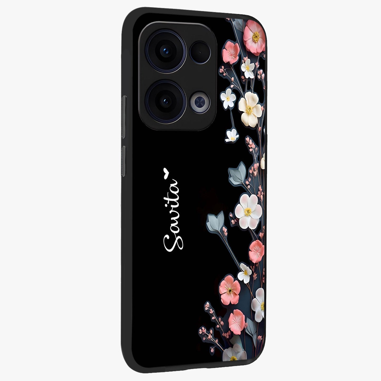 Black Elegance Floral Custom Name Glass Case upright view showcasing luxurious black floral design with personalized name detail.