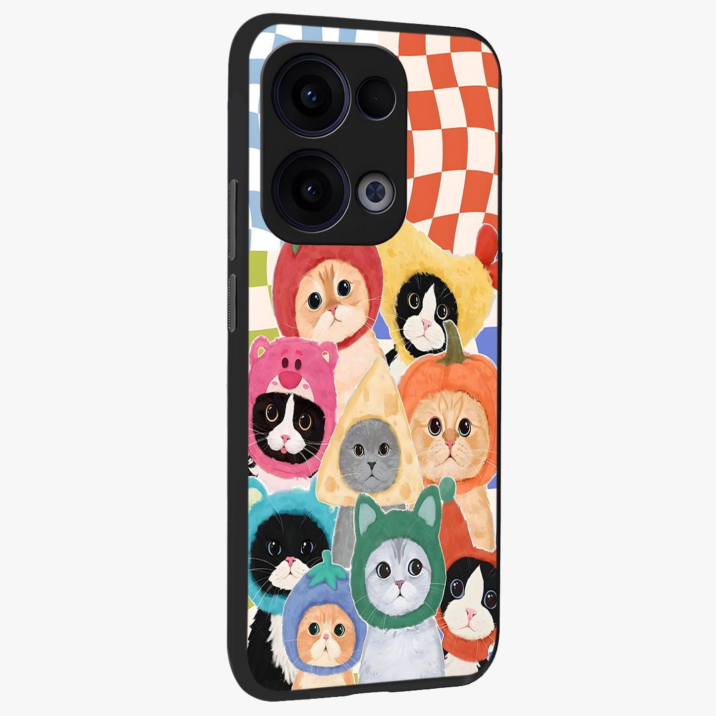 Cats in Fruits Glass Case upright view showcasing charming cat artwork with fun fruity theme.