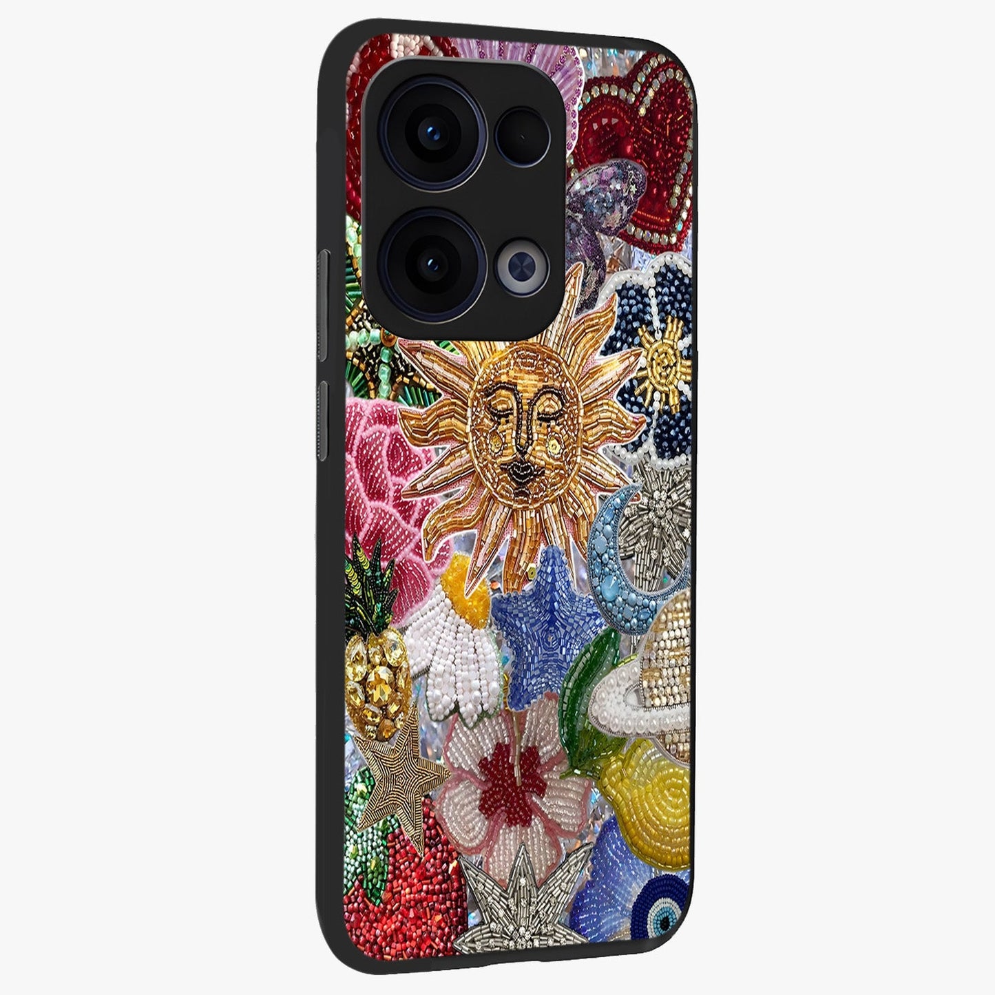 Celestial Floral and Playful Glass Case upright view showcasing whimsical floral artwork with cosmic aesthetic theme.