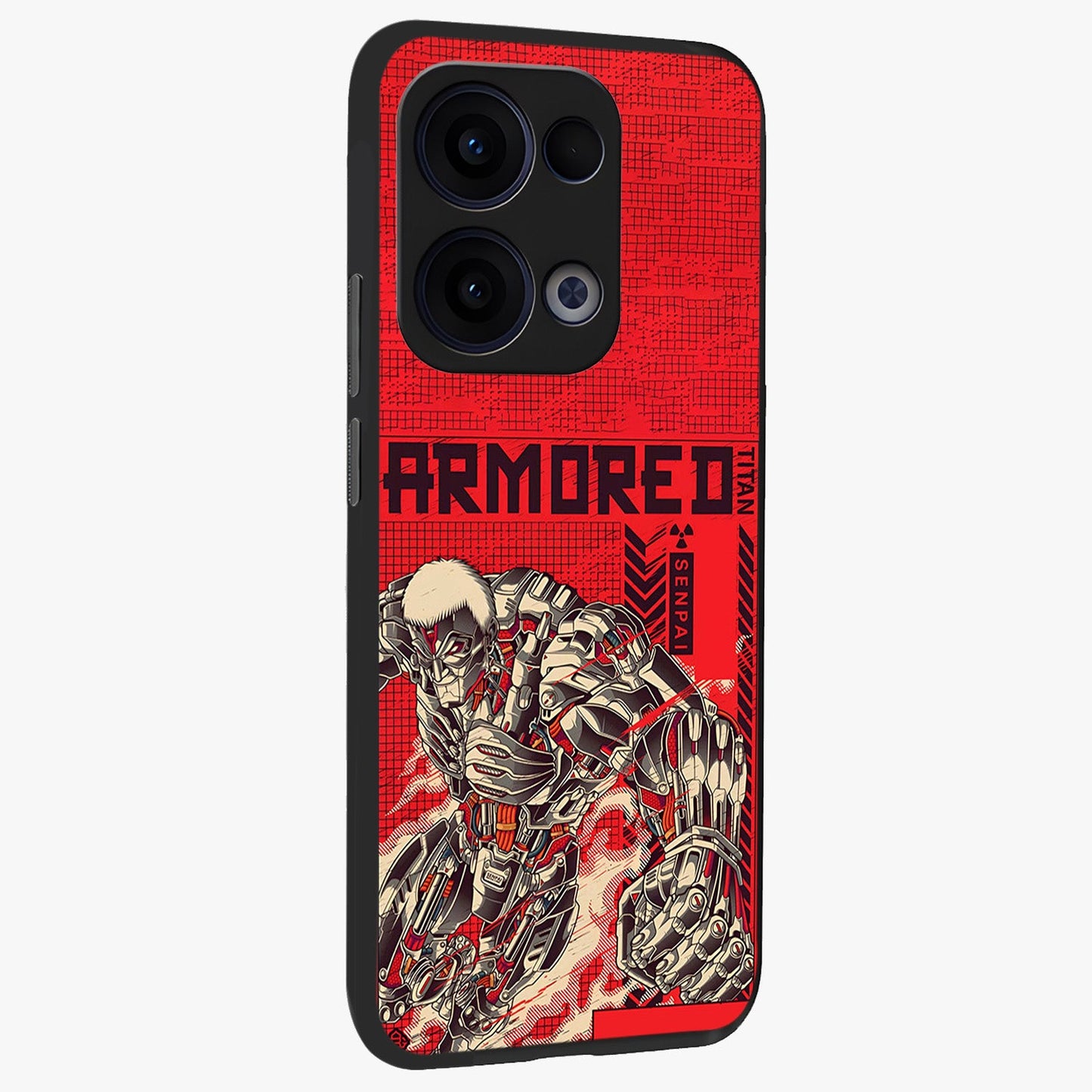 Crimson Mecha Titan Glass Case upright view showcasing dynamic robotic titan design with sci-fi inspired theme.