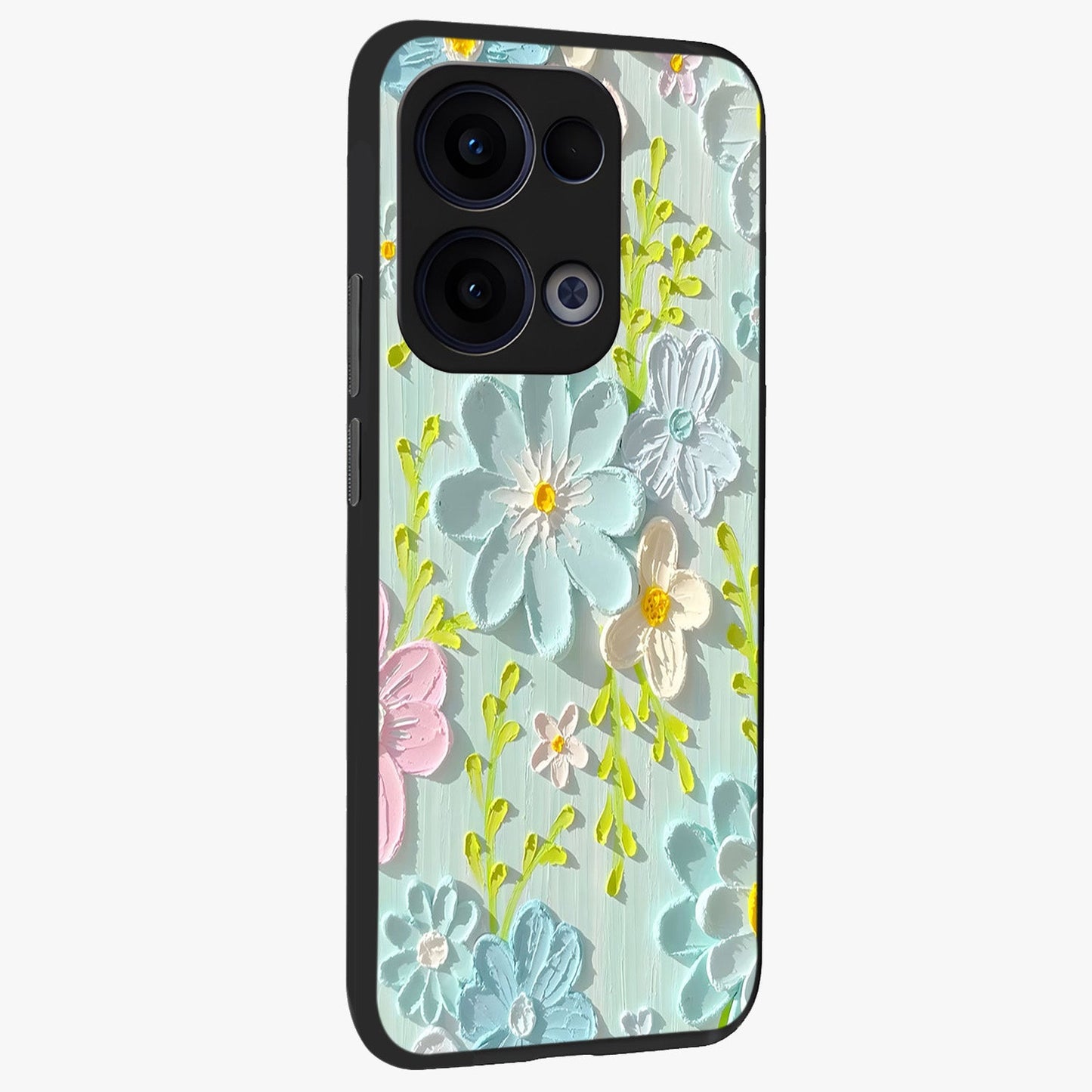 Frosted Petal Garden Glass Case upright view showcasing elegant floral garden artwork with soothing pastel theme.