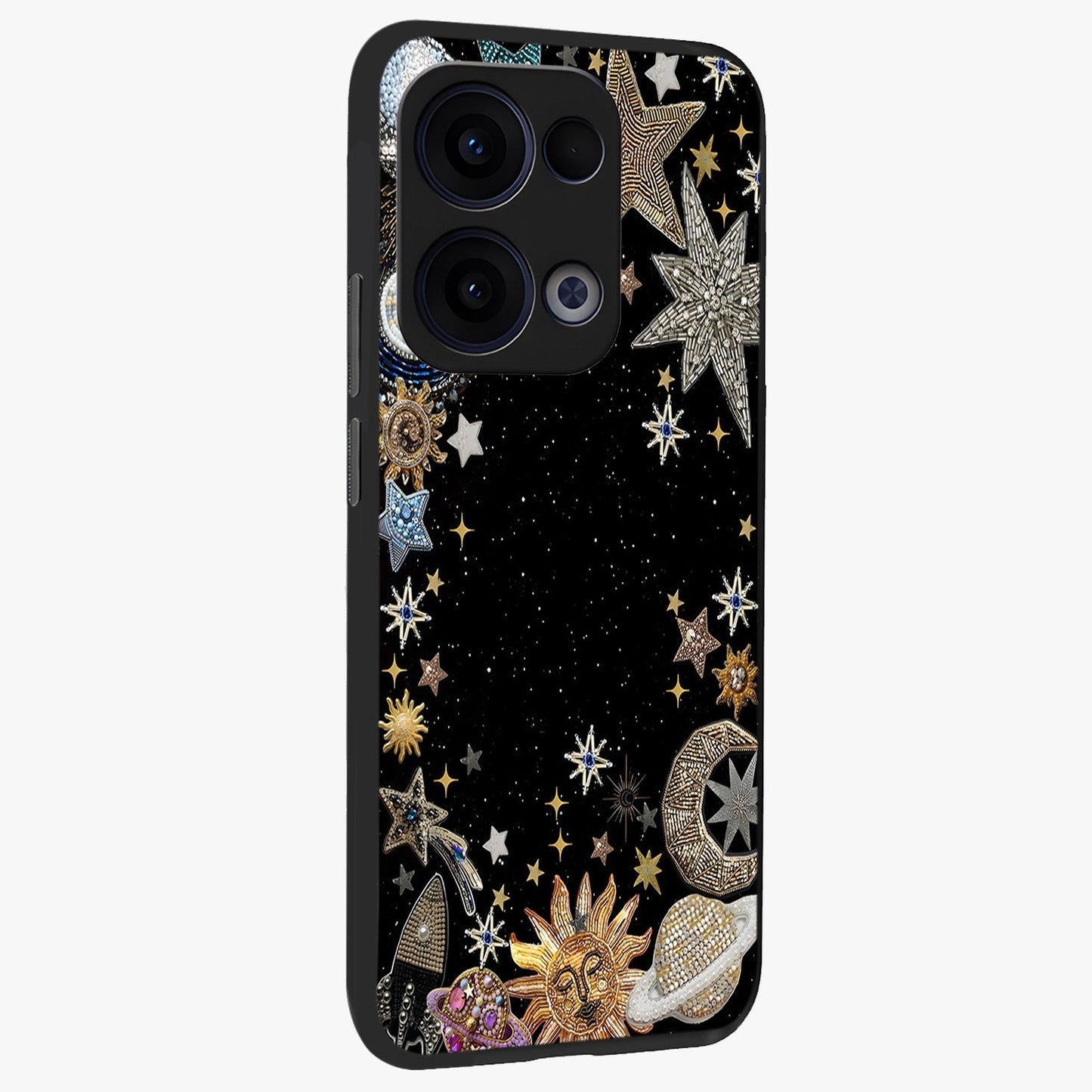 Galactic Jewel Stars Glass Case upright view showcasing glittering star jewel artwork with vibrant galaxy theme.
