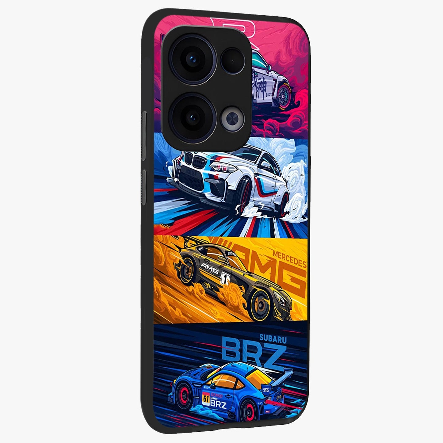 JDM Sports Car Glass Case upright view showcasing dynamic sports car artwork with bold racing theme.