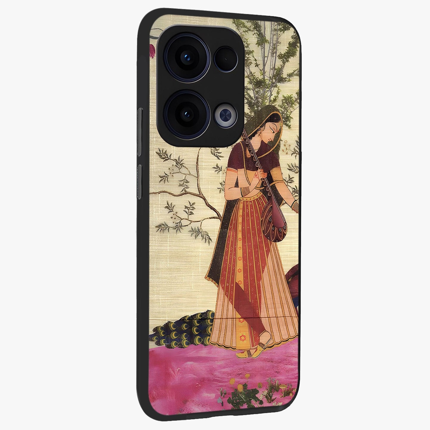 Lady With Veena Art Glass Case upright view showcasing classical veena artwork with traditional artistic theme.