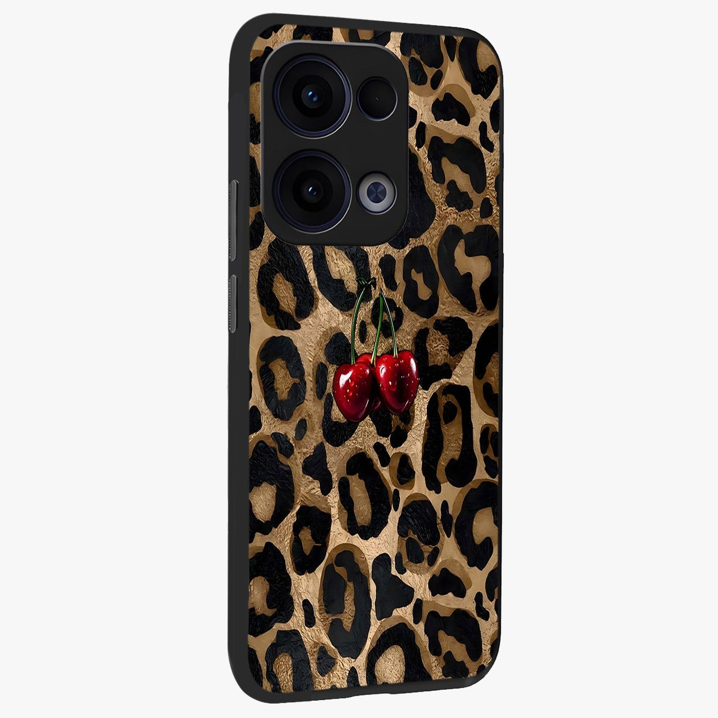 Leopard Wild Cherry Glass Case upright view showcasing stylish leopard pattern artwork with trendy fashion theme.