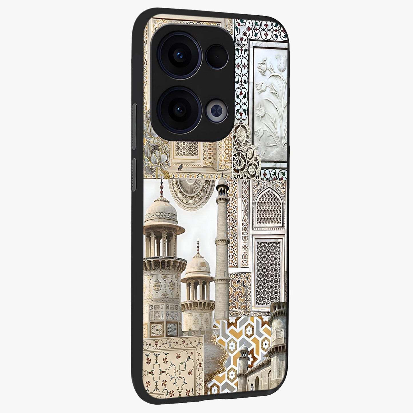 Mughal Marble Legacy Glass Case upright view showcasing ornate Mughal design with luxurious traditional theme.