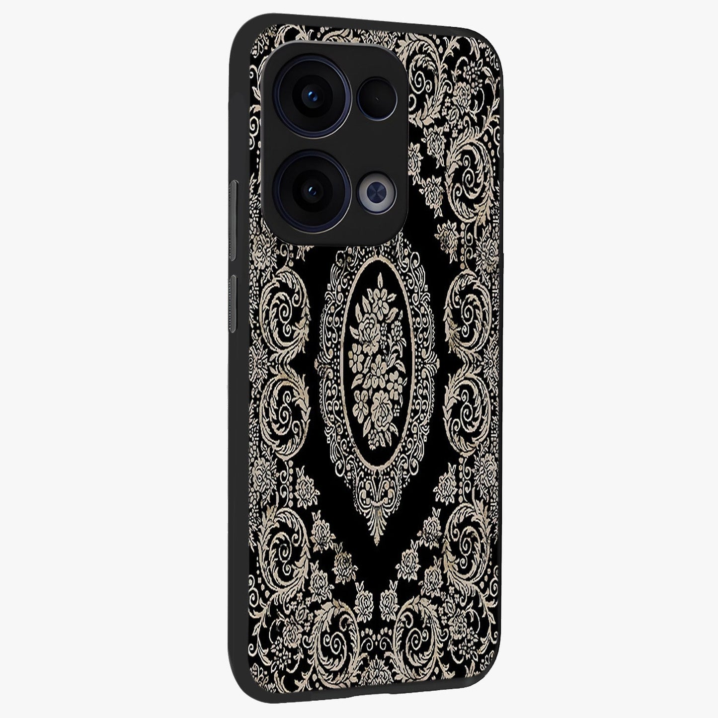 Noir Bloom Elegance Glass Case upright view showcasing graceful floral artwork with luxurious dark theme.