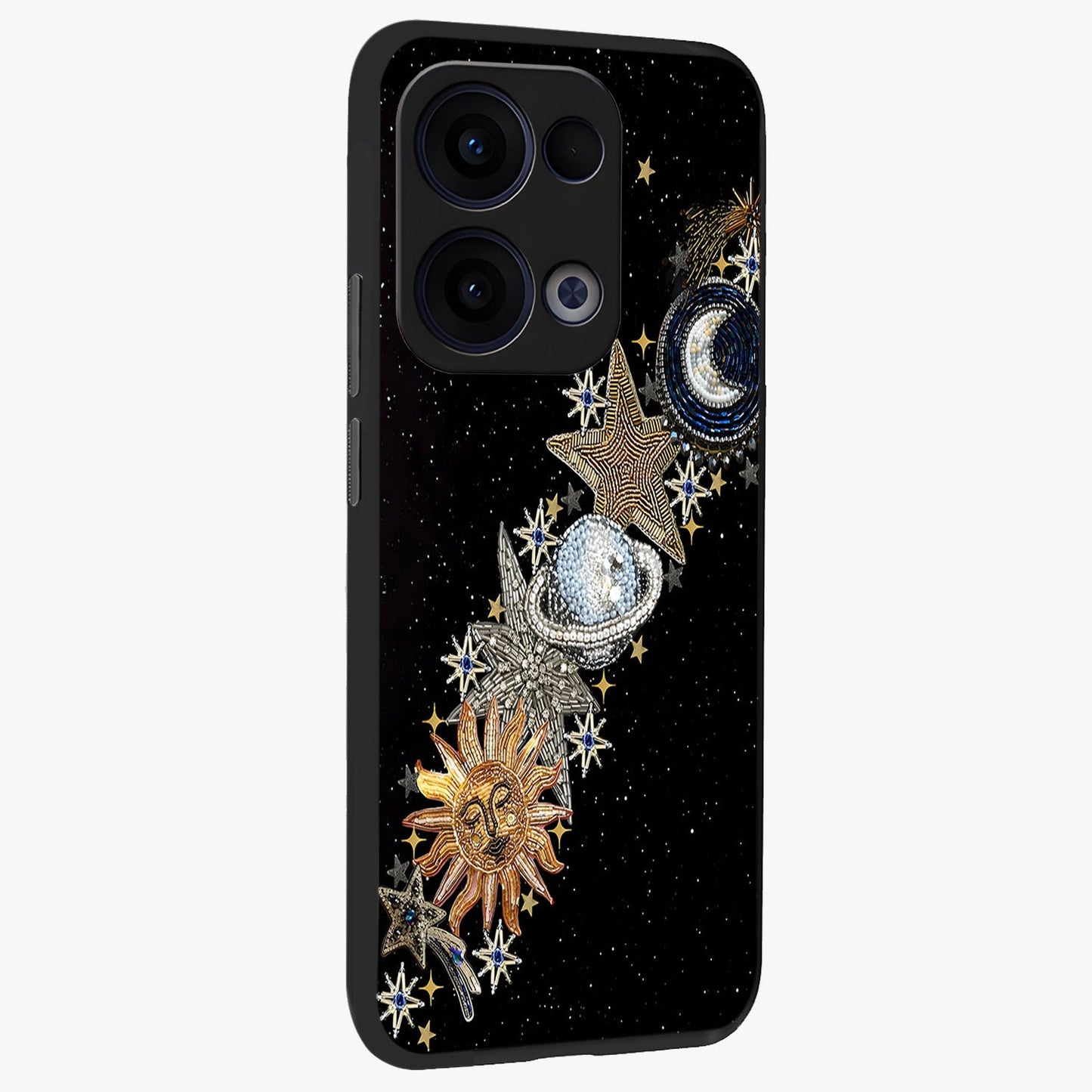 Pearls Universe Object Glass Case upright view showcasing decorative pearl themed artwork with cosmic elegance.