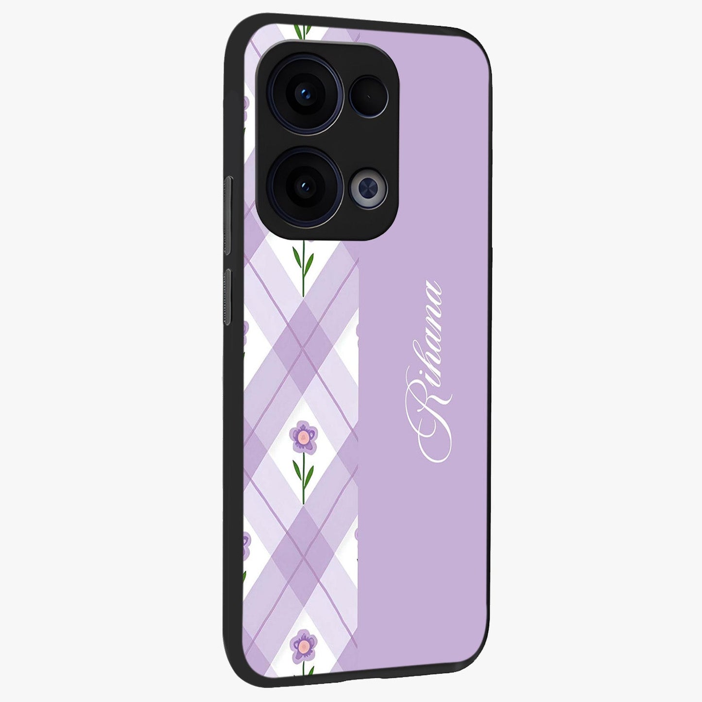 Purple Diamond Floral Glass Case upright view showcasing vibrant floral artwork with stylish geometric theme.
