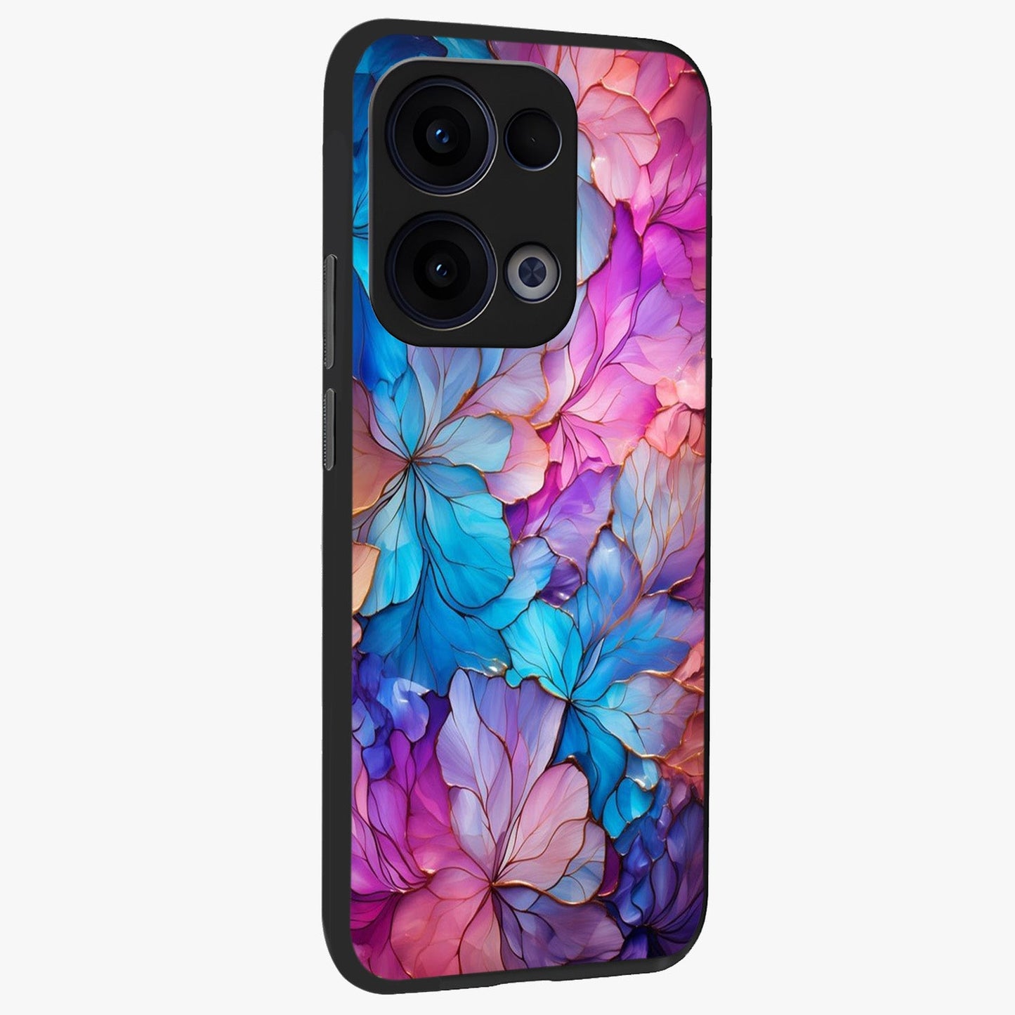 Radiant Floral Whirl Glass Case upright view showcasing lively floral artwork with decorative swirl theme.