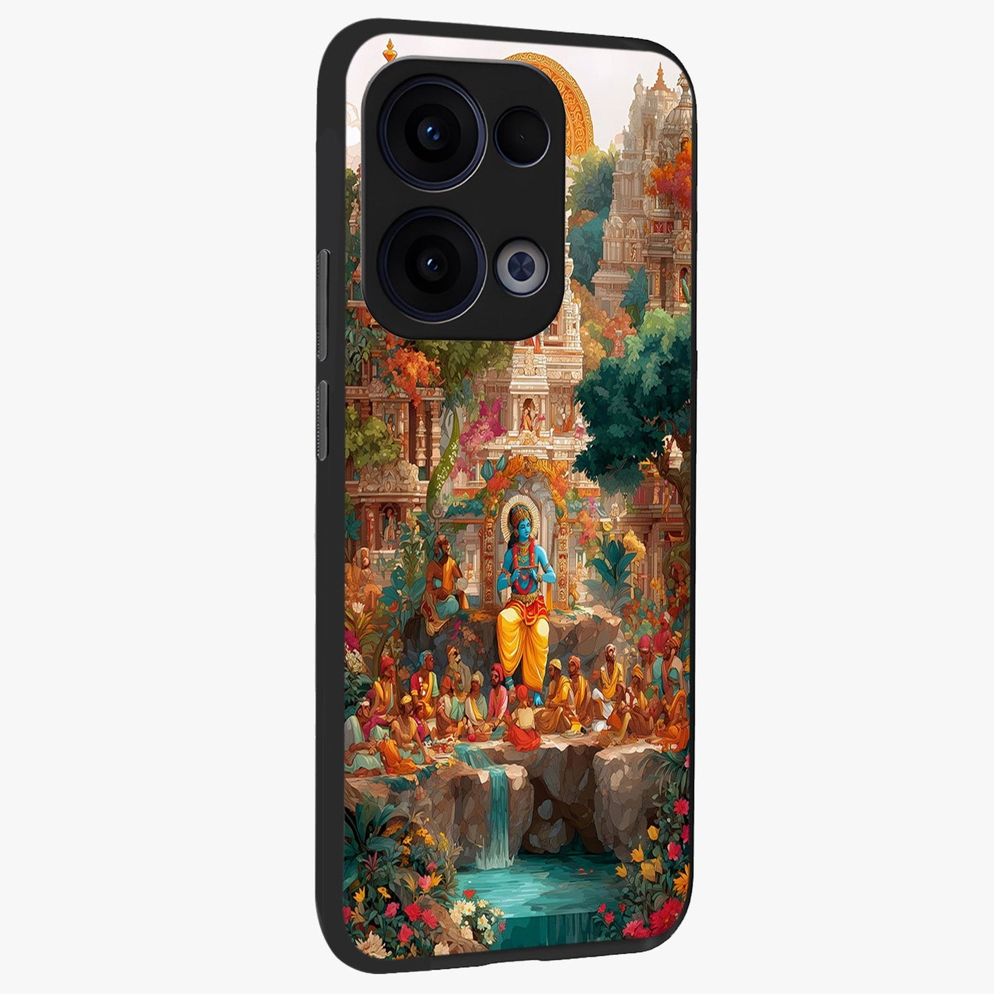Sacred Sunlight Gods Glass Case upright view showcasing glowing divine artwork with sacred mythological theme.