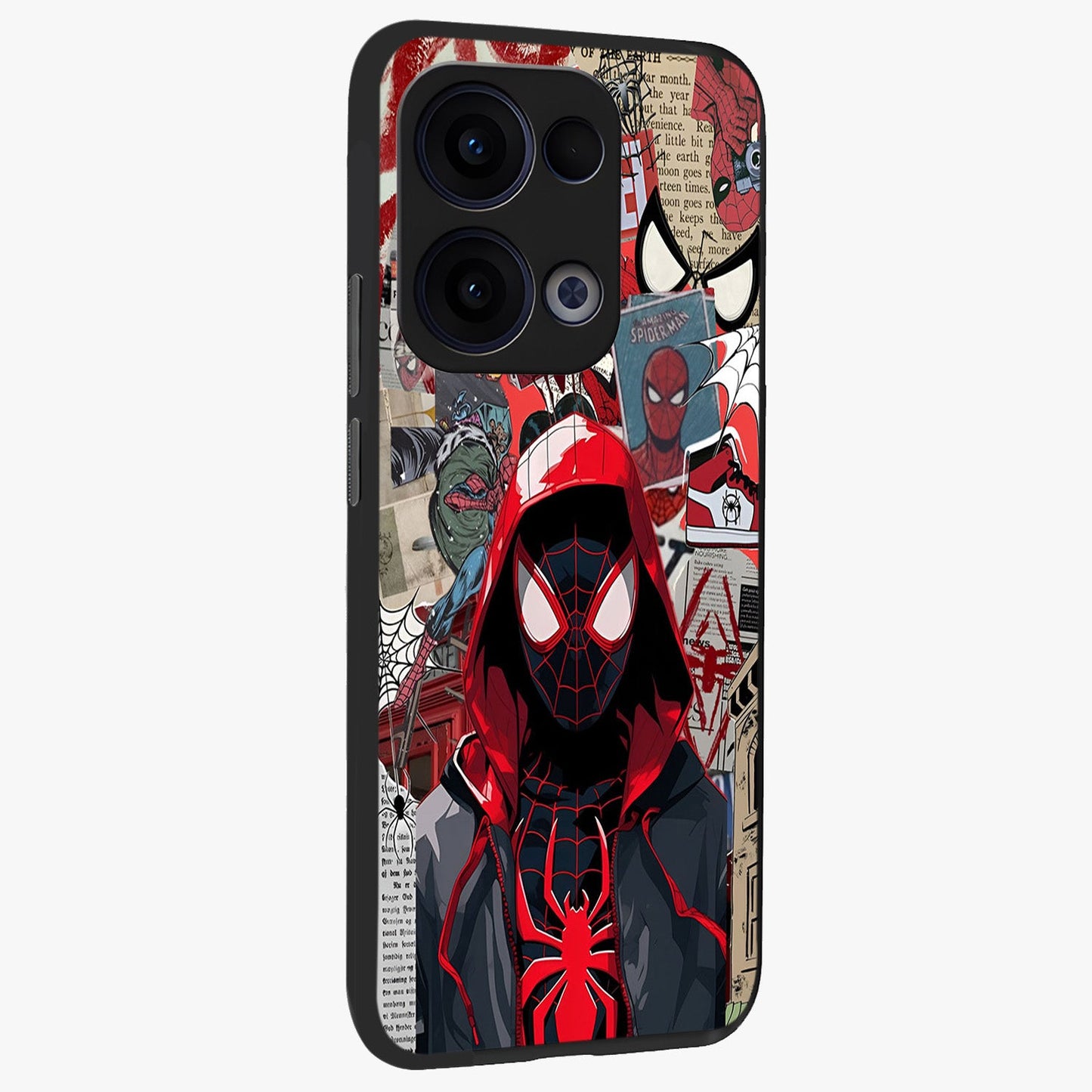 Spider Collage Street Glass Case upright view showcasing bold superhero artwork with urban street theme.