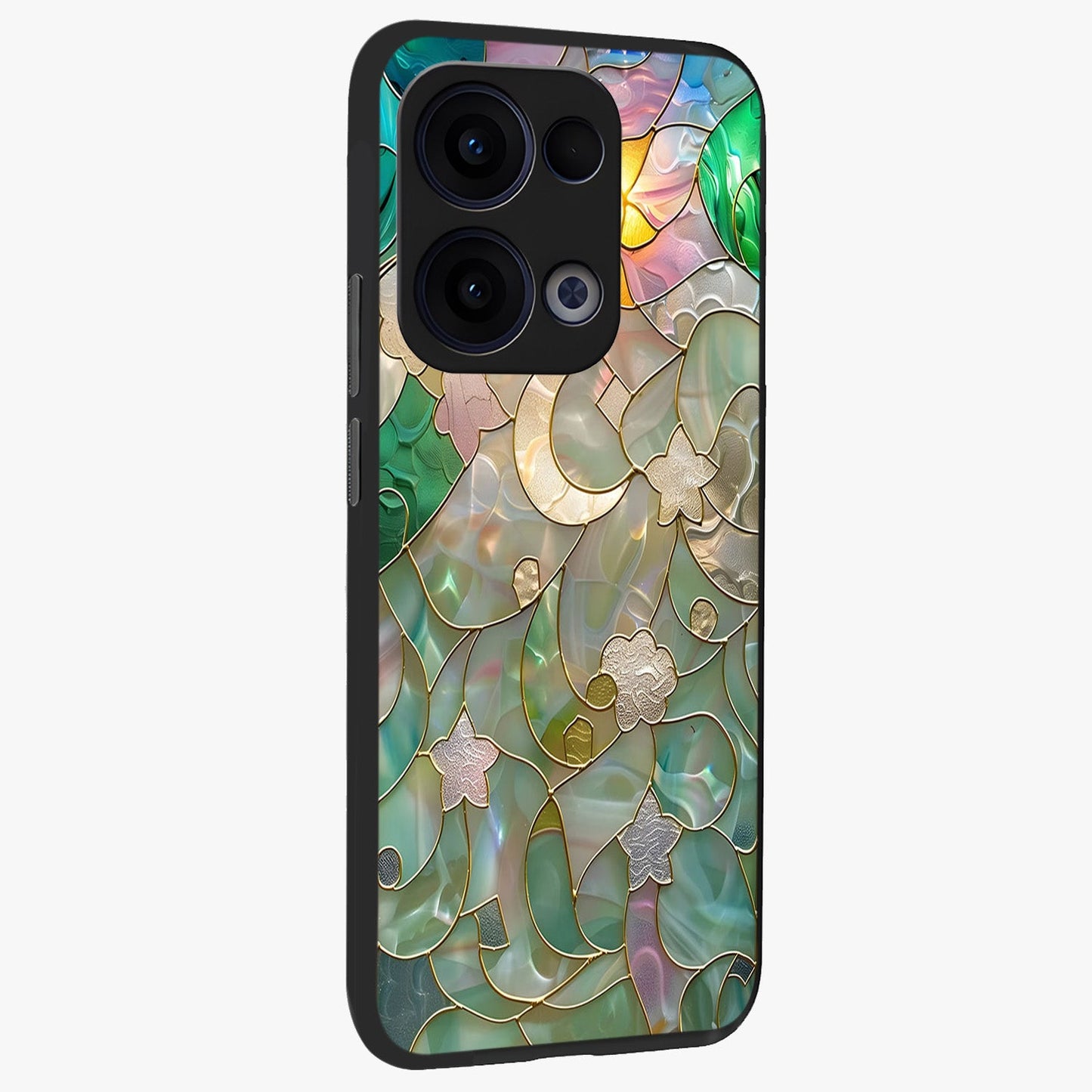 Stained Sunrise Glow Glass Case upright view showcasing colorful sunrise artwork with warm morning theme.