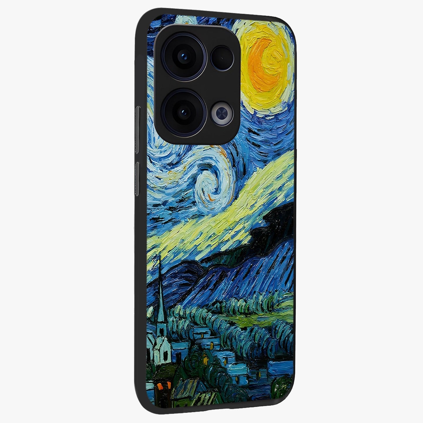 Van Gogh Art Glass Case upright view showcasing expressive painting style artwork with timeless artistic theme.
