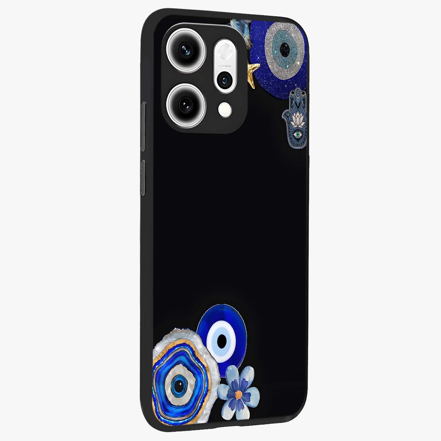 Aesthetic Blue Evil Eye Glass Case upright view showcasing mystical evil eye graphic with minimal aesthetic style.