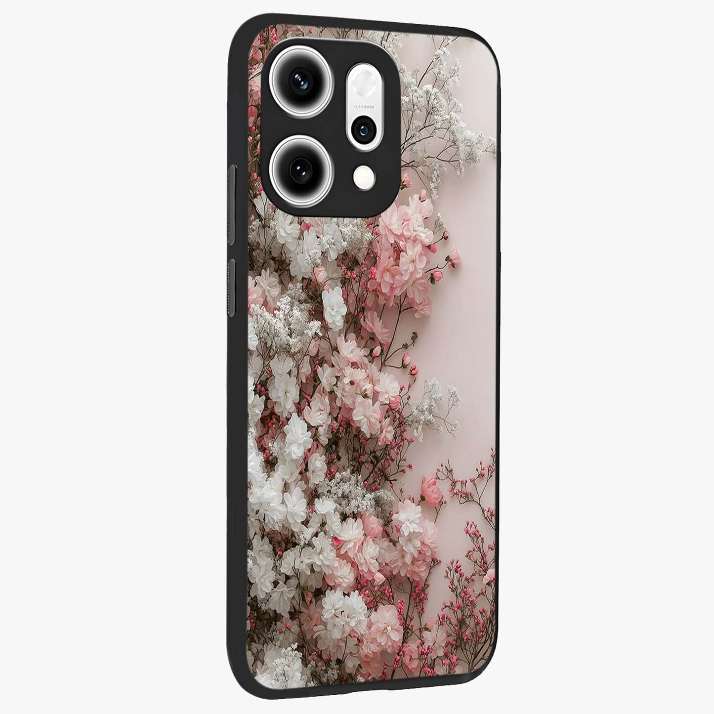 Blush Blossom Cloud Glass Case upright view showcasing calm floral cloud artwork with gentle dreamy theme.