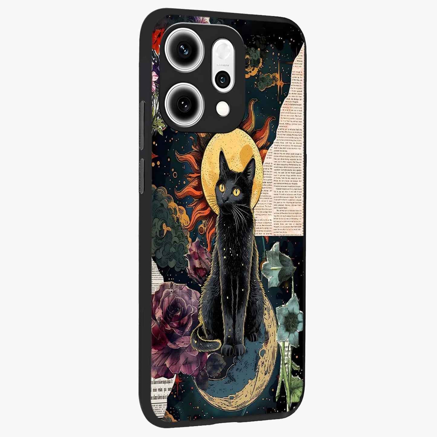 Celestial Black Cat Glass Case upright view showcasing magical black cat illustration with starry cosmic theme.