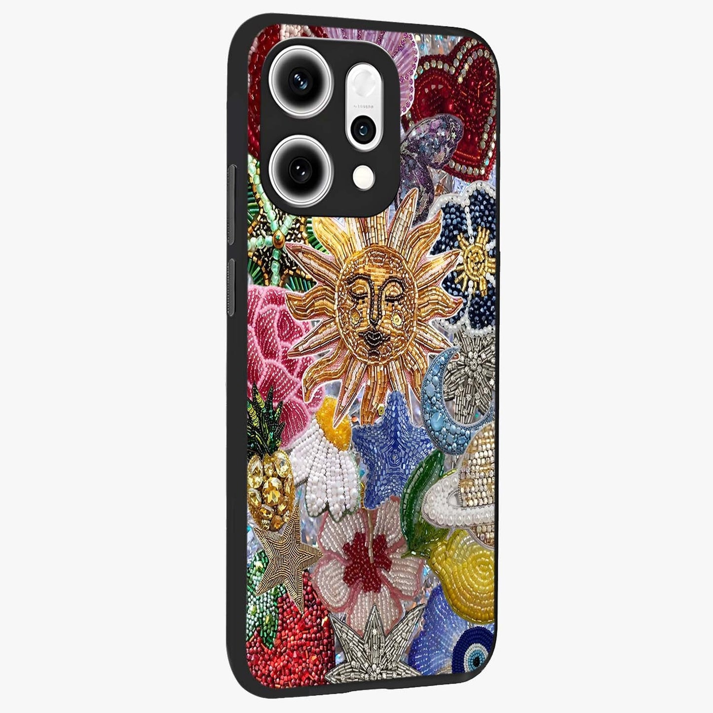 Celestial Floral and Playful Glass Case upright view showcasing whimsical floral artwork with cosmic aesthetic theme.