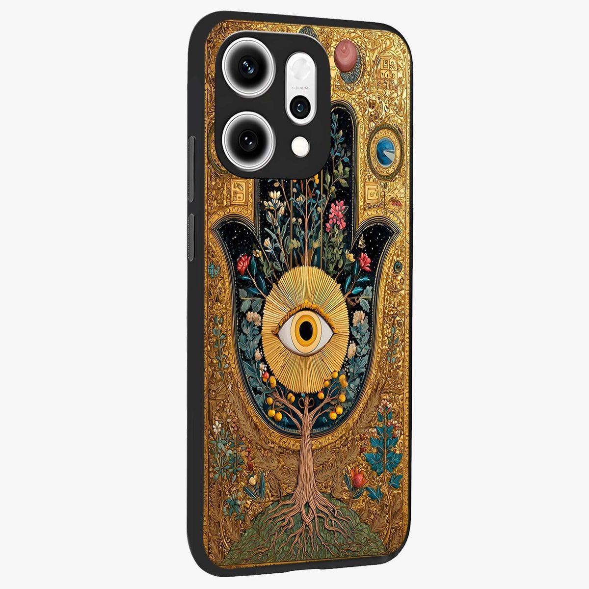 Ethereal Evil Eye Glass Case upright view showcasing celestial evil eye artwork with mystical theme.