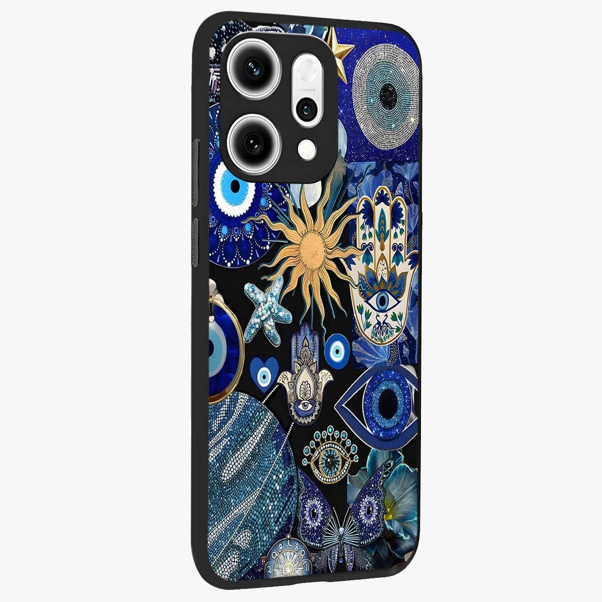 Evil Eye Charm Mix Glass Case upright view showcasing mystical evil eye pattern with vibrant decorative style.