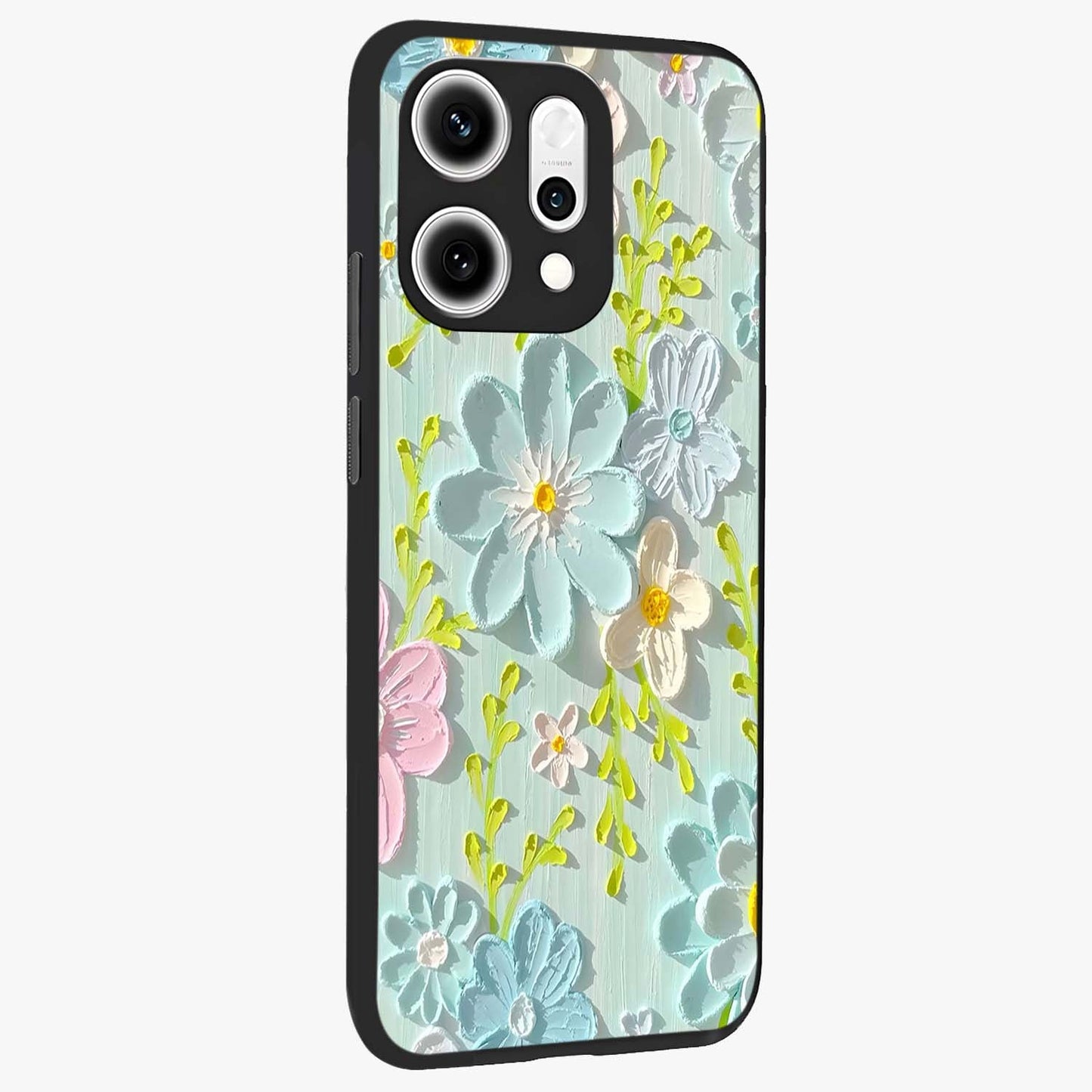Frosted Petal Garden Glass Case upright view showcasing elegant floral garden artwork with soothing pastel theme.