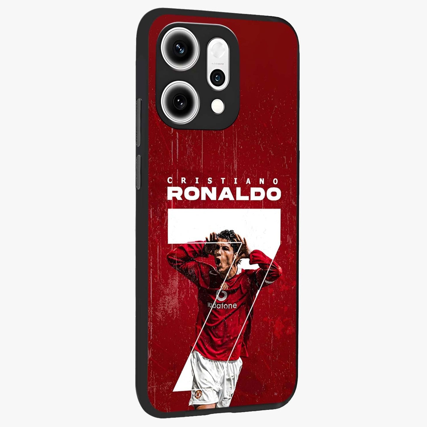 Goal Celebration Legacy Glass Case upright view showcasing dynamic football inspired artwork with victory celebration aesthetic.
