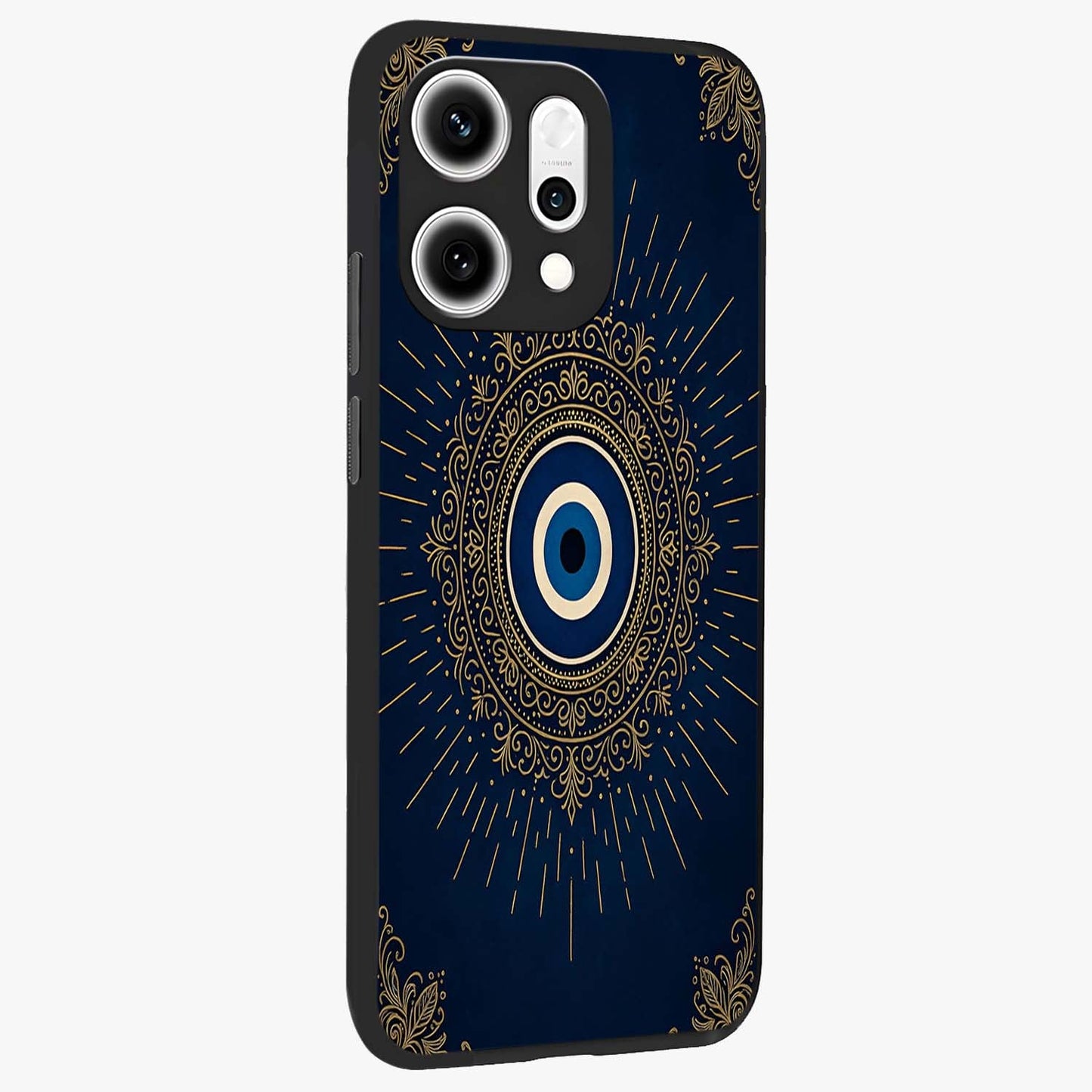 Golden Celestial Charm Glass Case upright view showcasing radiant celestial artwork with elegant golden theme.