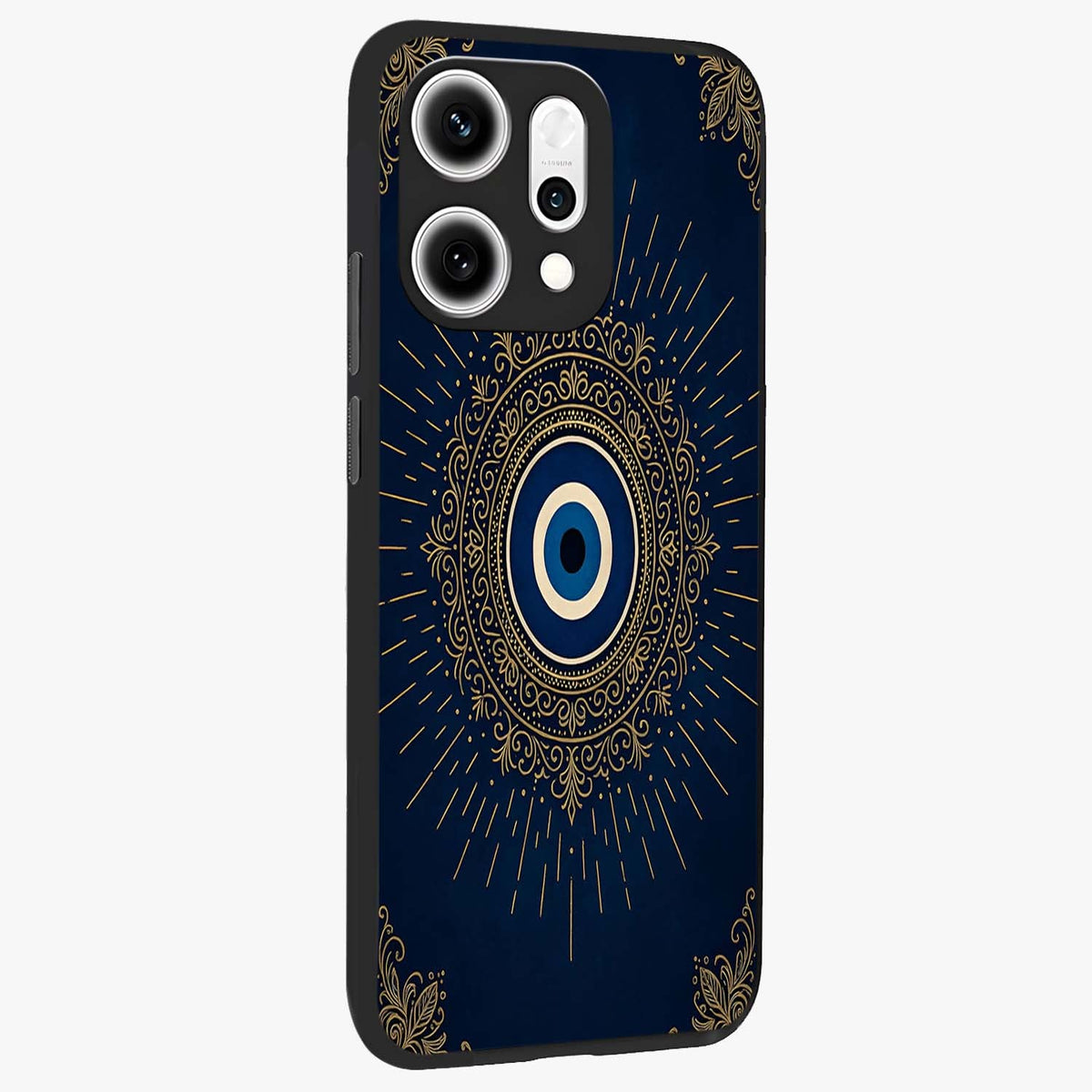 Golden Celestial Charm Glass Case upright view showcasing radiant celestial artwork with elegant golden theme.